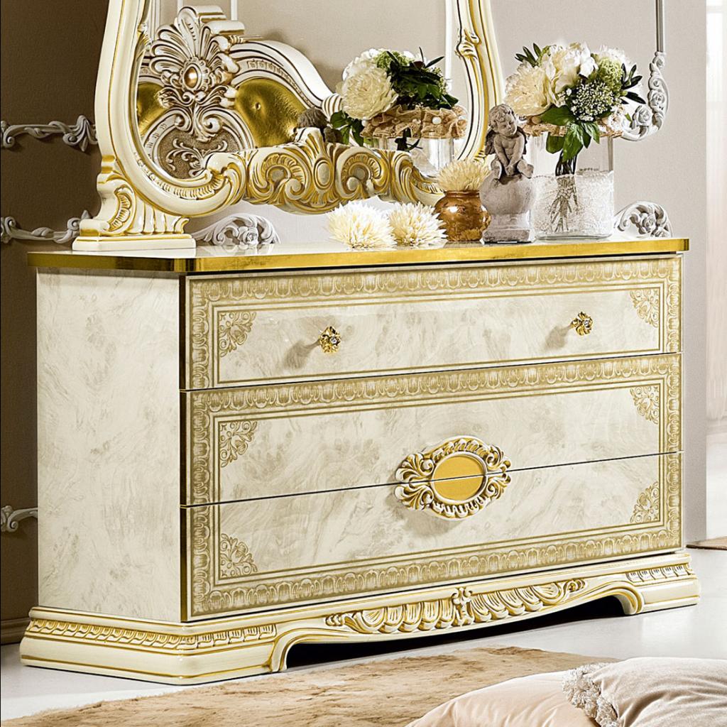 Varazze Ivory High Gloss & Gold Leaf 3 Drawer Dresser