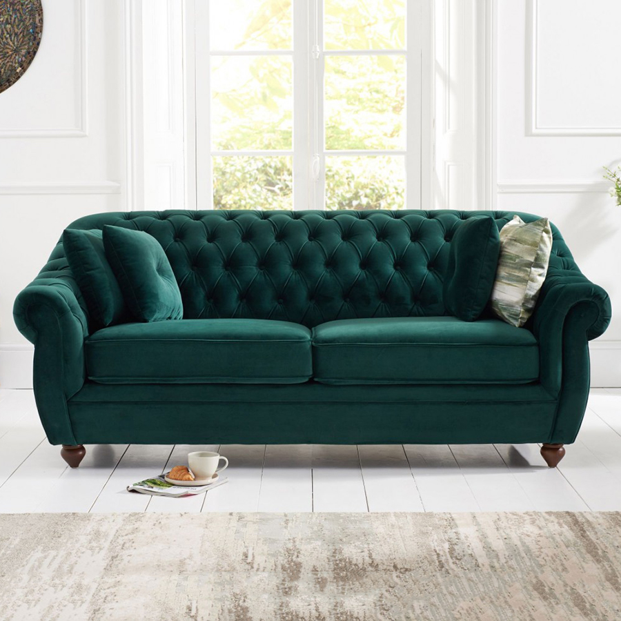 Liv Green Plush Chesterfield Three Seater Sofa