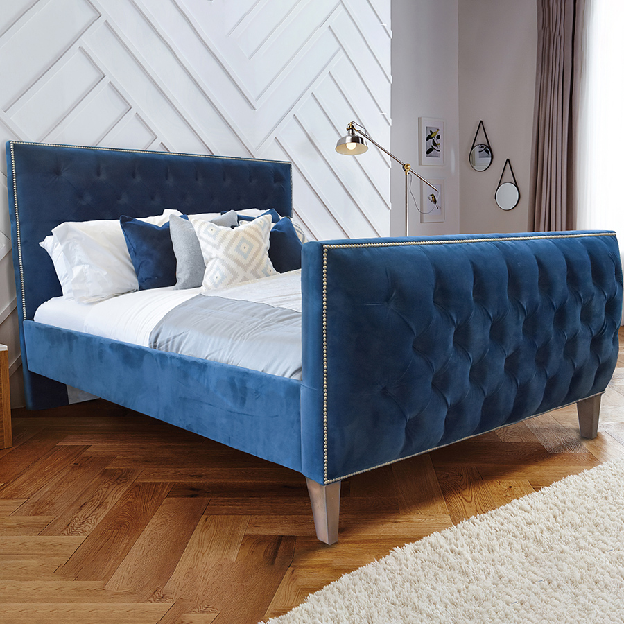 Vogue Hampstead Lumino Midnight Blue Velvet Upholstered Buttoned Studded Double Bed
