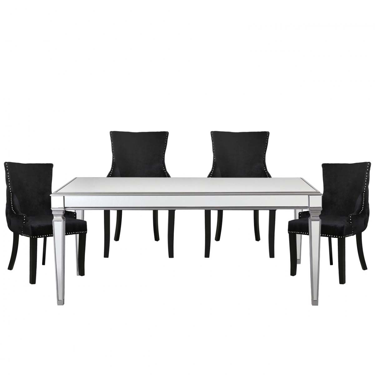 Andreas Silver Trim Mirrored 5 Piece Set with Black Chairs