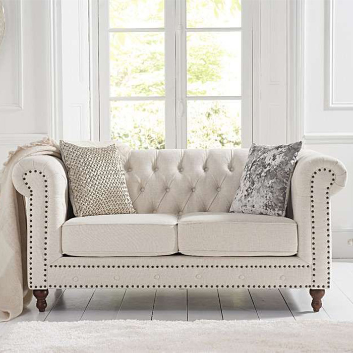 Montrose Ivory Linen Studded Buttoned 2 Seater Chesterfield Sofa