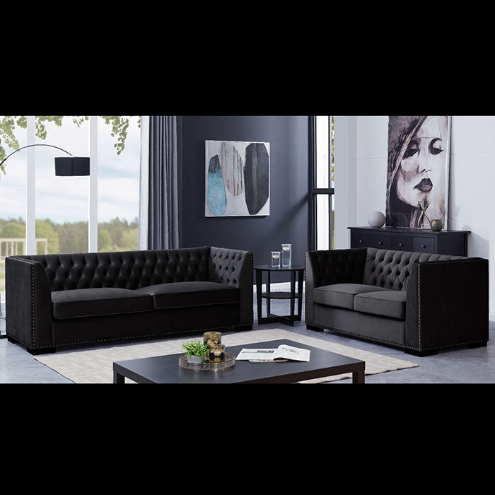 Chester Black Velvet Studded 3+2 Sofa Set