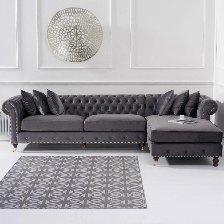 Fiona Grey Velvet Studded Buttoned Chesterfield Corner Sofa Right-side Facing