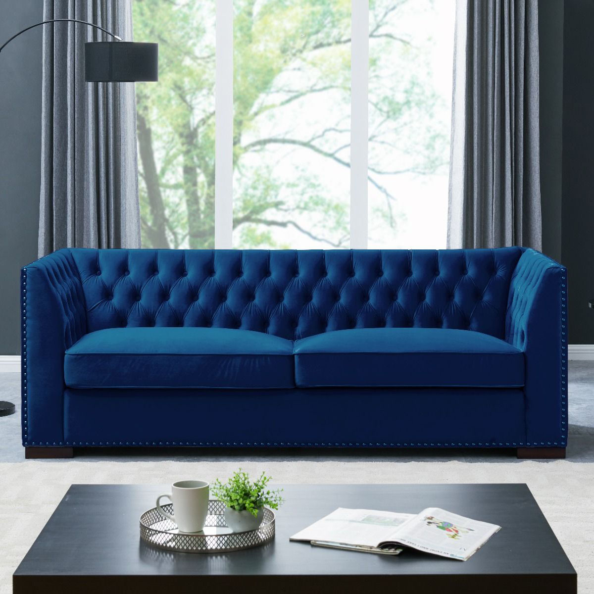 Chester Blue Velvet Studded 3 Seater Sofa