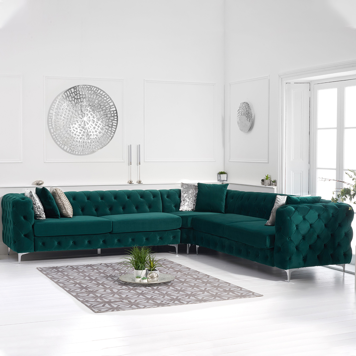 Brunel Green Velvet Fabric Corner Sofa