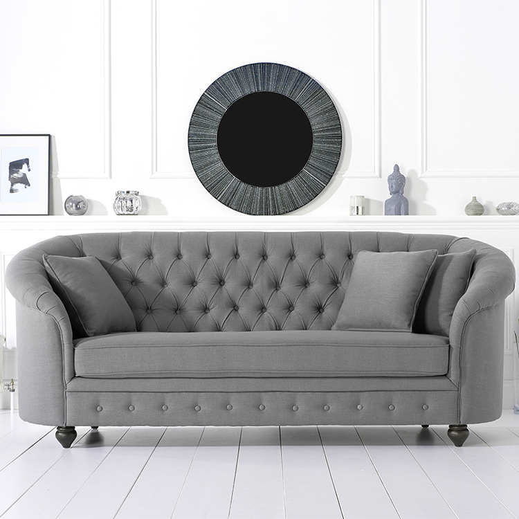 Casey Grey Linen 3 Seater Buttoned Curved Chesterfield Sofa