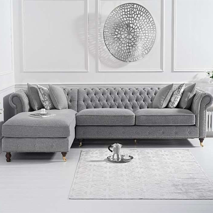 Fiona Grey Linen Studded Buttoned Chesterfield Corner Sofa Left-side Facing
