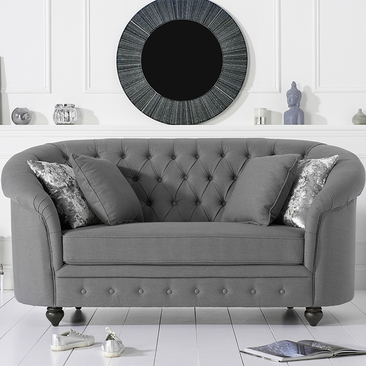 Casey Grey Linen 2 Seater Buttoned Curved Chesterfield Sofa