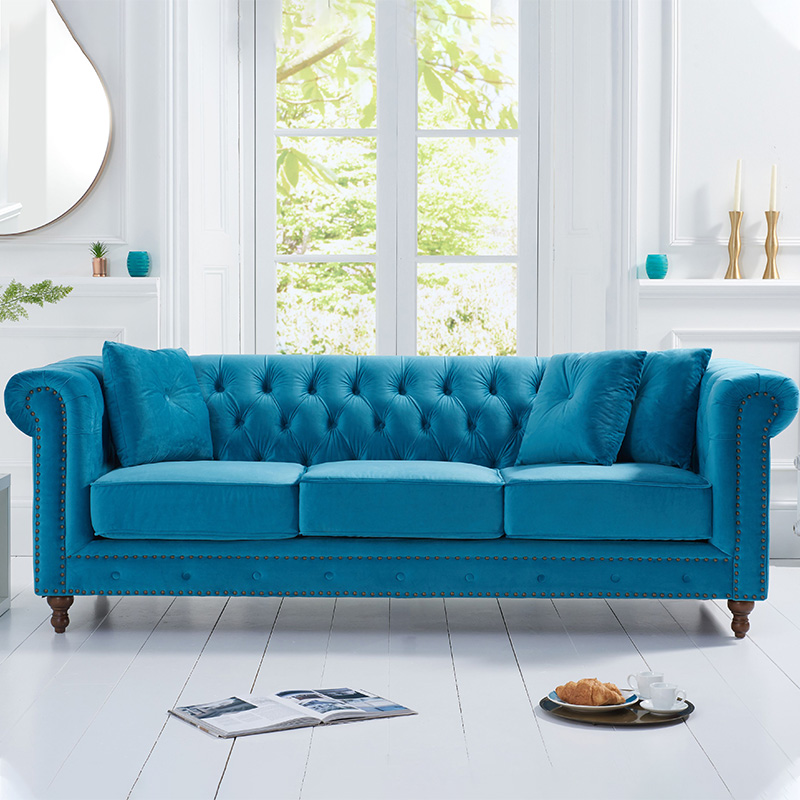 Montrose Teal Plush Studded Buttoned 3 Seater Chesterfield Sofa