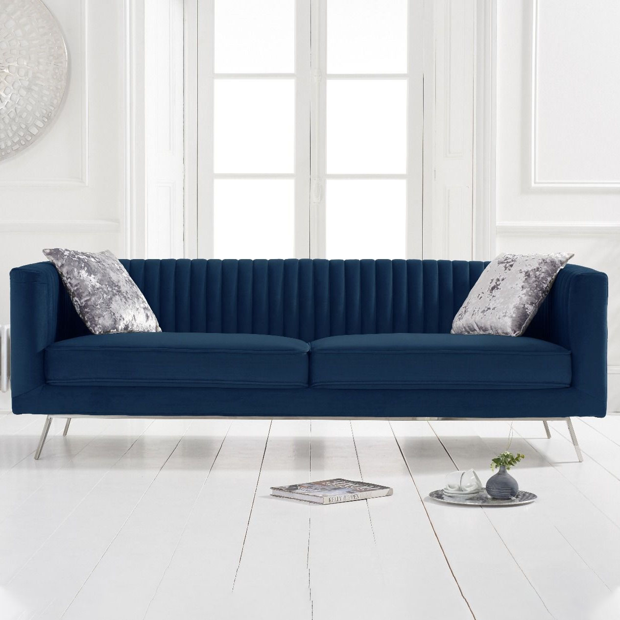 Dani 3 Seater Ribbed Blue Velvet Sofa