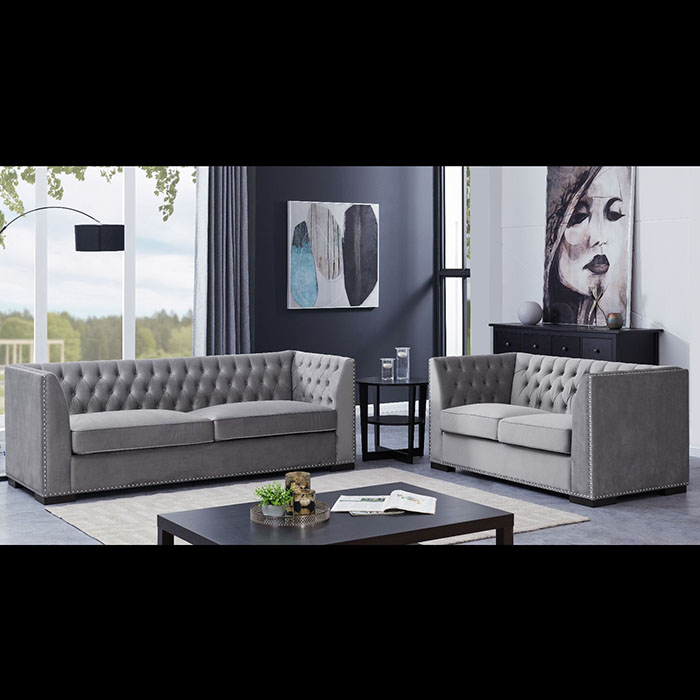 Chester Grey Velvet Studded 3+2 Sofa Set