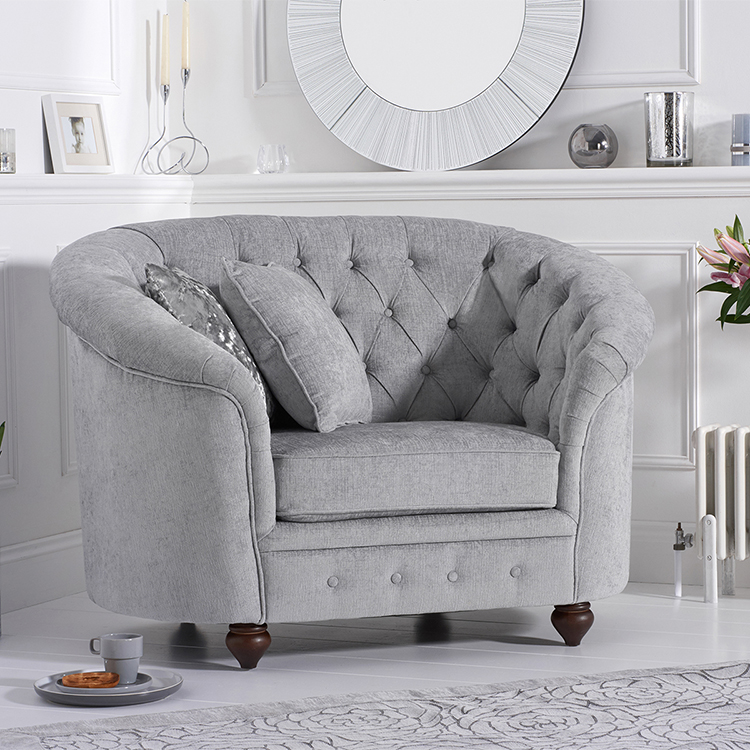 Casey Grey Plush Buttoned Curved Chesterfield Armchair