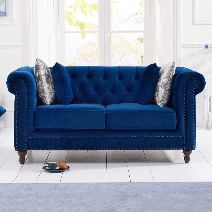 Montrose Blue Plush Studded Buttoned 2 Seater Chesterfield Sofa