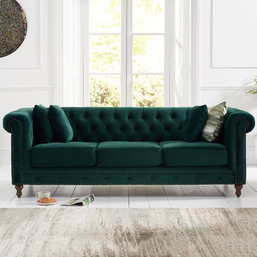 Montrose Green Plush Studded Buttoned 3 Seater Chesterfield Sofa