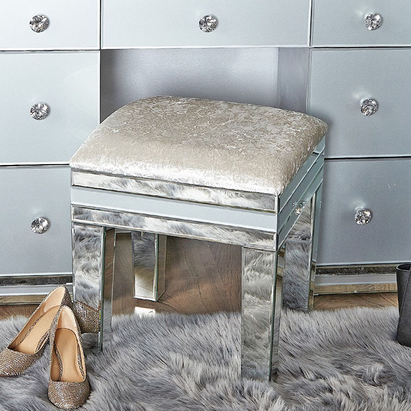 Merrick Grey Glass & Mirrored Dressing Table Stool