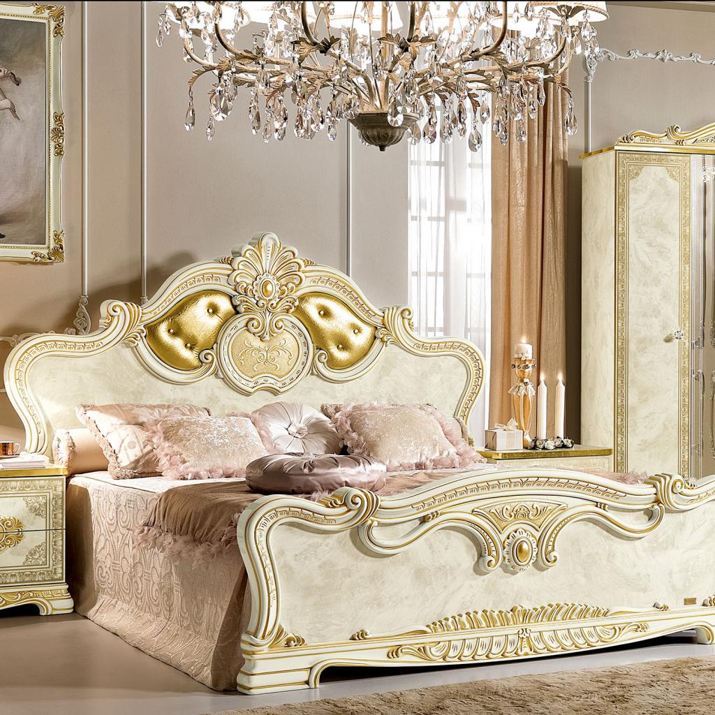 Varazze Ivory High Gloss & Gold Leaf Upholstered 6ft Super King Bed Frame