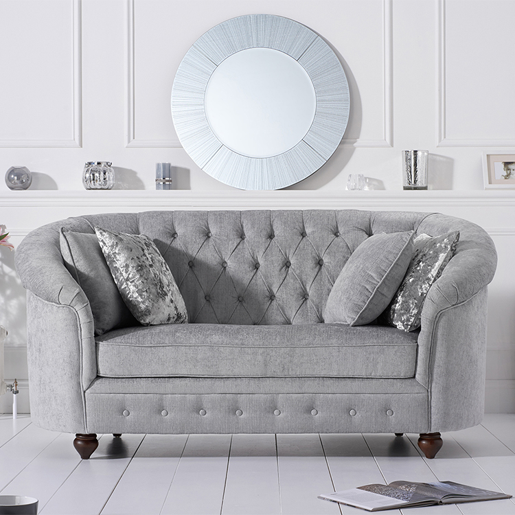 Casey Grey Plush 2 Seater Buttoned Curved Chesterfield Sofa