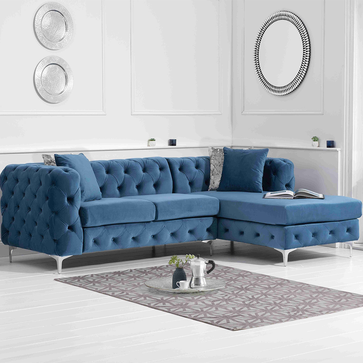 Brunel Blue Velvet Fabric Corner Sofa Chaise Right-side Facing