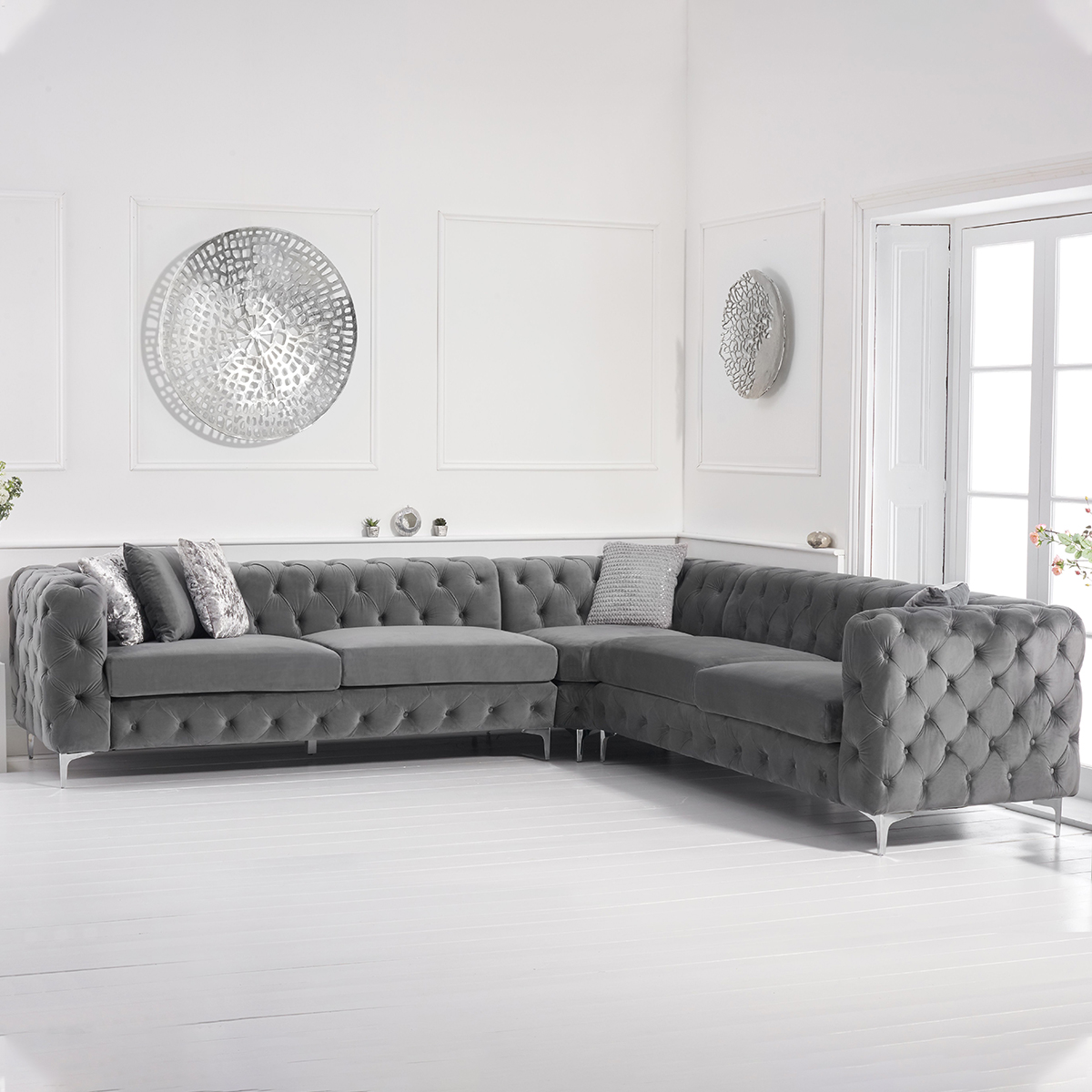 Brunel Grey Velvet Fabric Corner Sofa