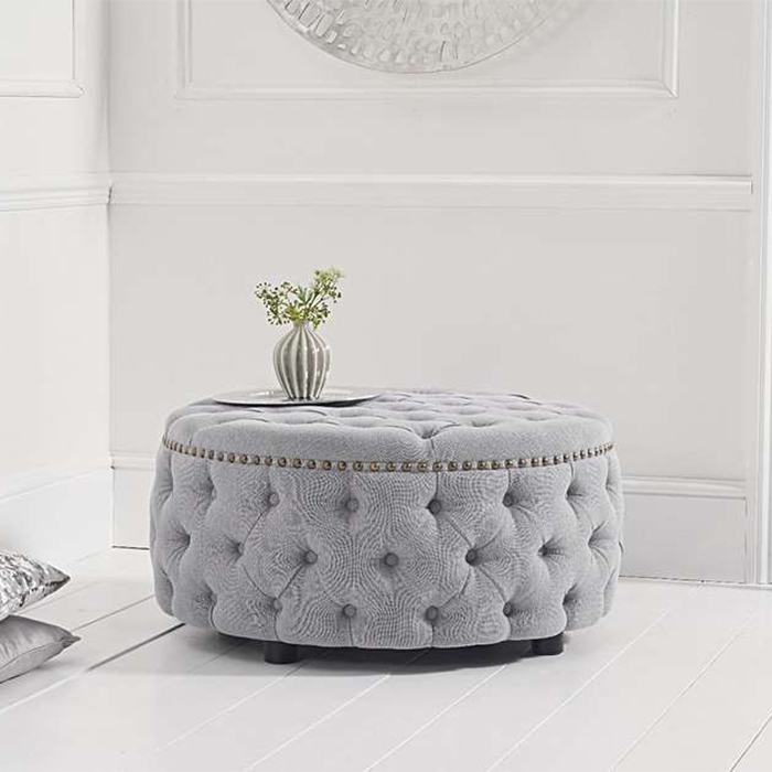 Fiona Grey Linen Studded Buttoned Round Footstool