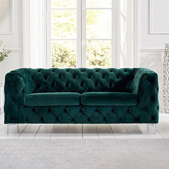 Aly 2 Seater Green Plush Buttoned Sofa
