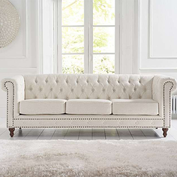 Montrose Ivory Linen Studded Buttoned 3 Seater Chesterfield Sofa
