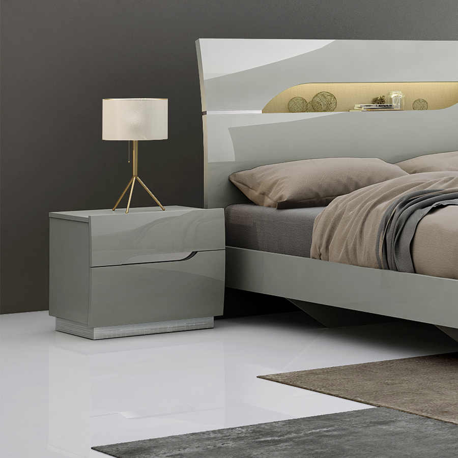 Lopez Cool Grey High Gloss & Brushed Steel 2 Drawer Bedside Cabinet