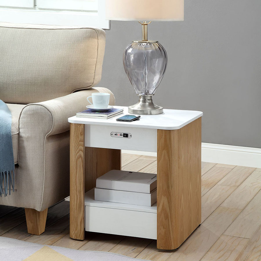San Francisco Ash Wood & White Gloss Smart Bedside Table With SPEAKERS, Wireless Charger & Light