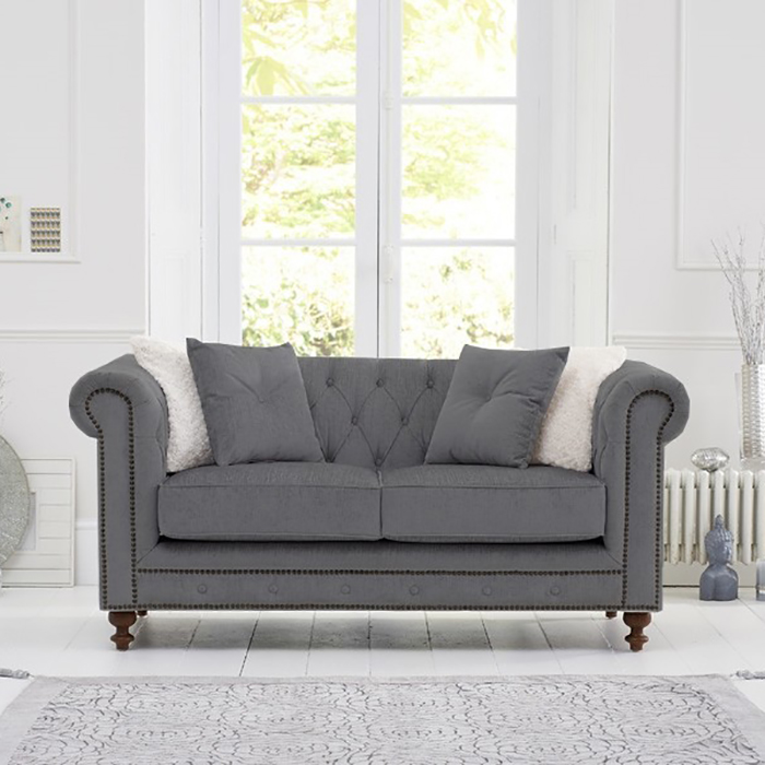 Montrose Grey Linen Studded Buttoned 2 Seater Chesterfield Sofa