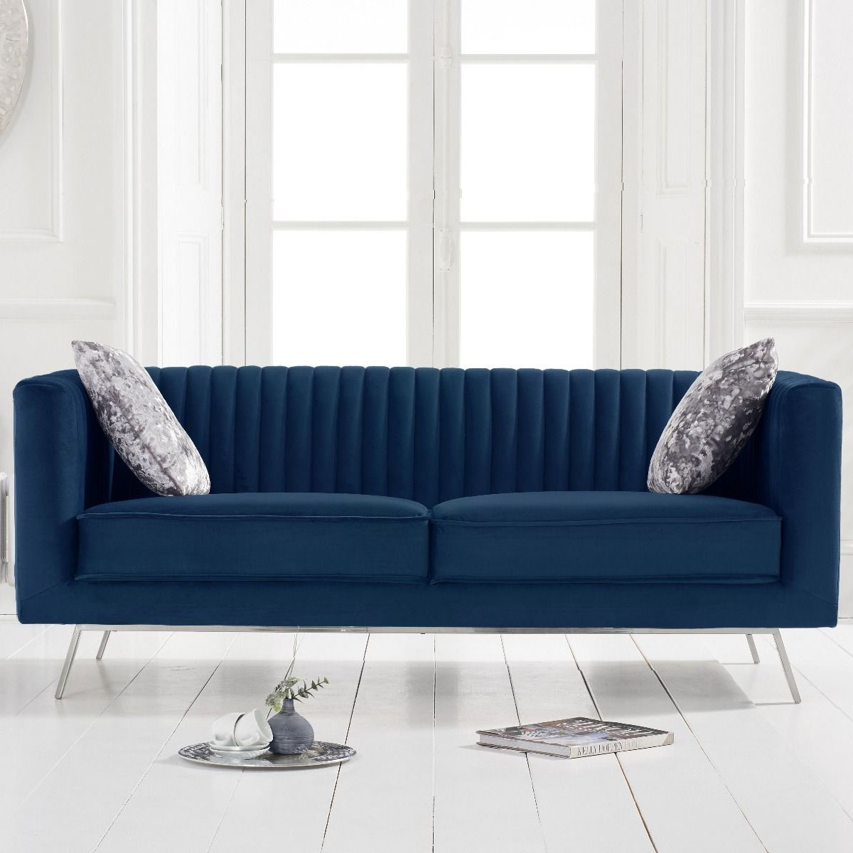 Dani 2 Seater Ribbed Blue Velvet Sofa