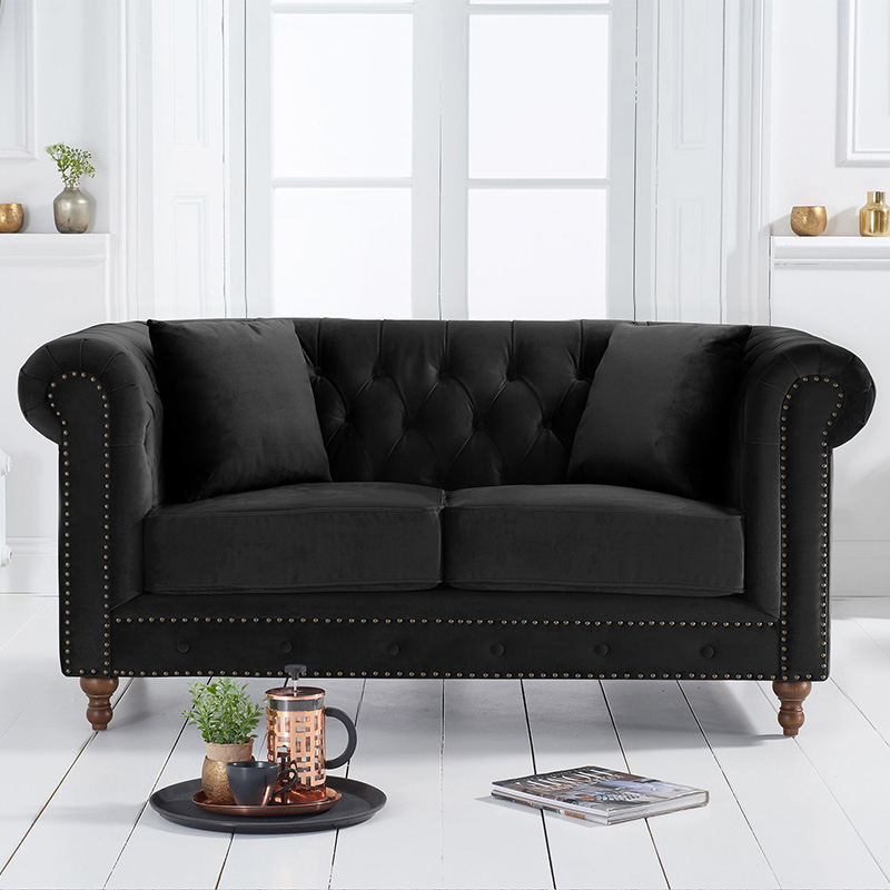 Montrose Black Velvet Studded Buttoned 2 Seater Chesterfield Sofa