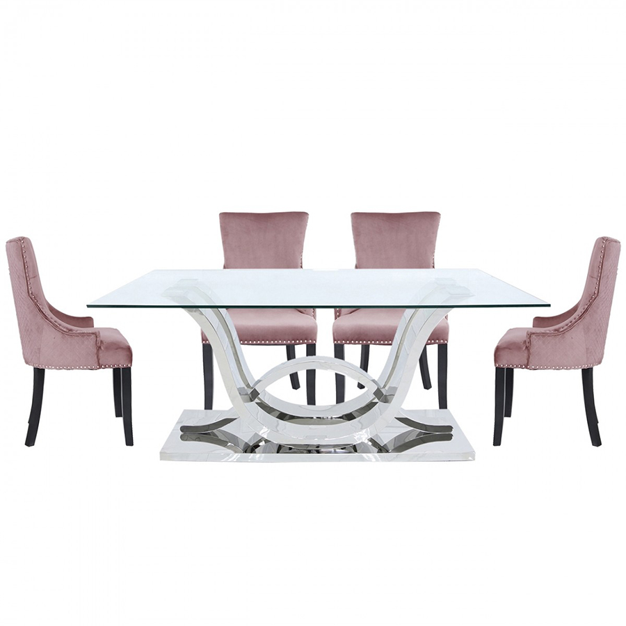 Cardina Glass & Stainless Steel 1.8m 7 Piece Dining Table Set (Pink Chairs)