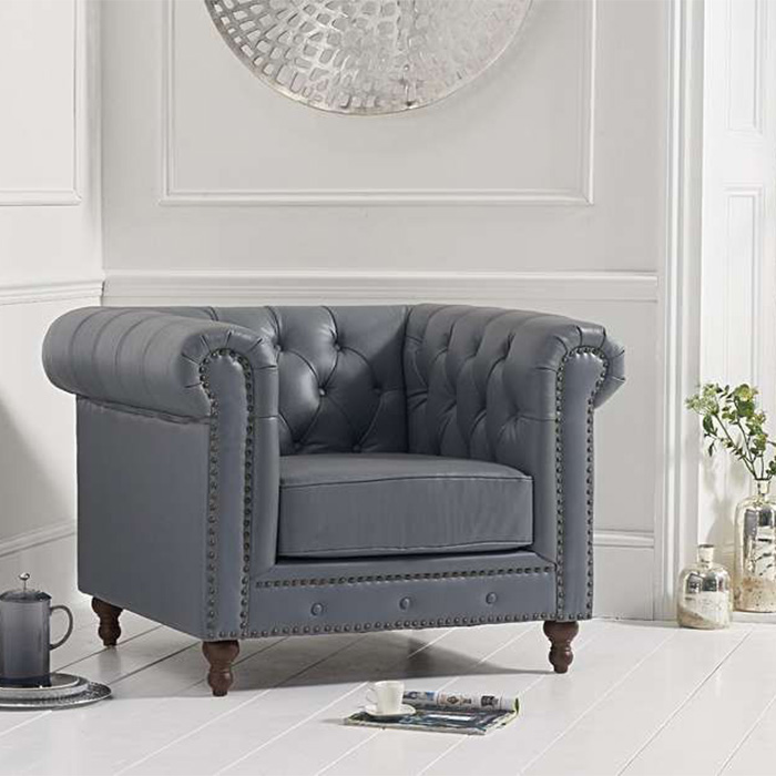 Montrose Grey Leather Studded Buttoned Chesterfield Armchair