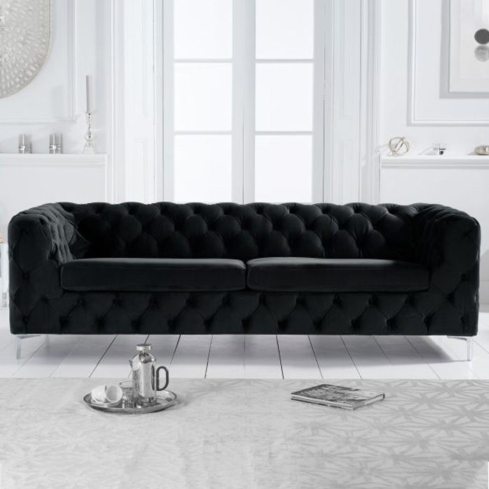 Aly 3 Seater Black Velvet Buttoned Sofa