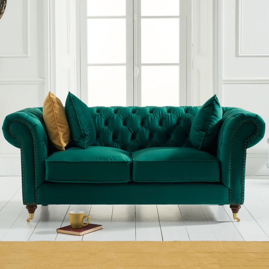 Camara Green Velvet Buttoned Studded 2 Seater Chesterfield Sofa