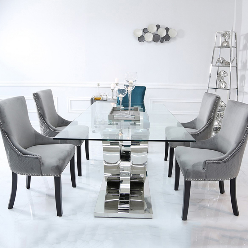 Cardina Glass & Stainless Steel 1.8m 7 Piece Dining Table Set (Grey Chairs)