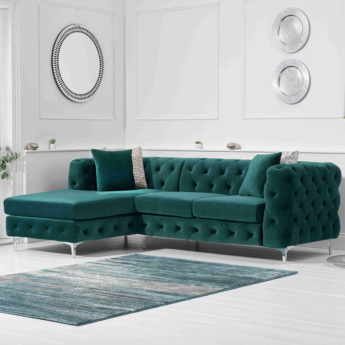 Brunel Green Velvet Fabric Corner Sofa Chaise Left-side Facing