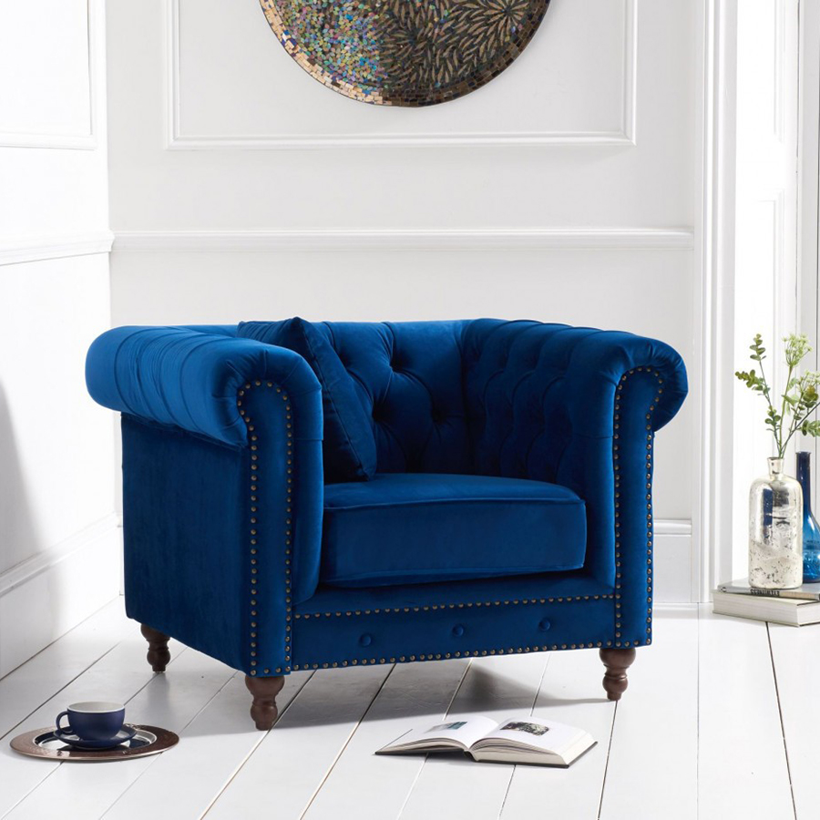 Montrose Blue Plush Studded Buttoned Chesterfield Armchair