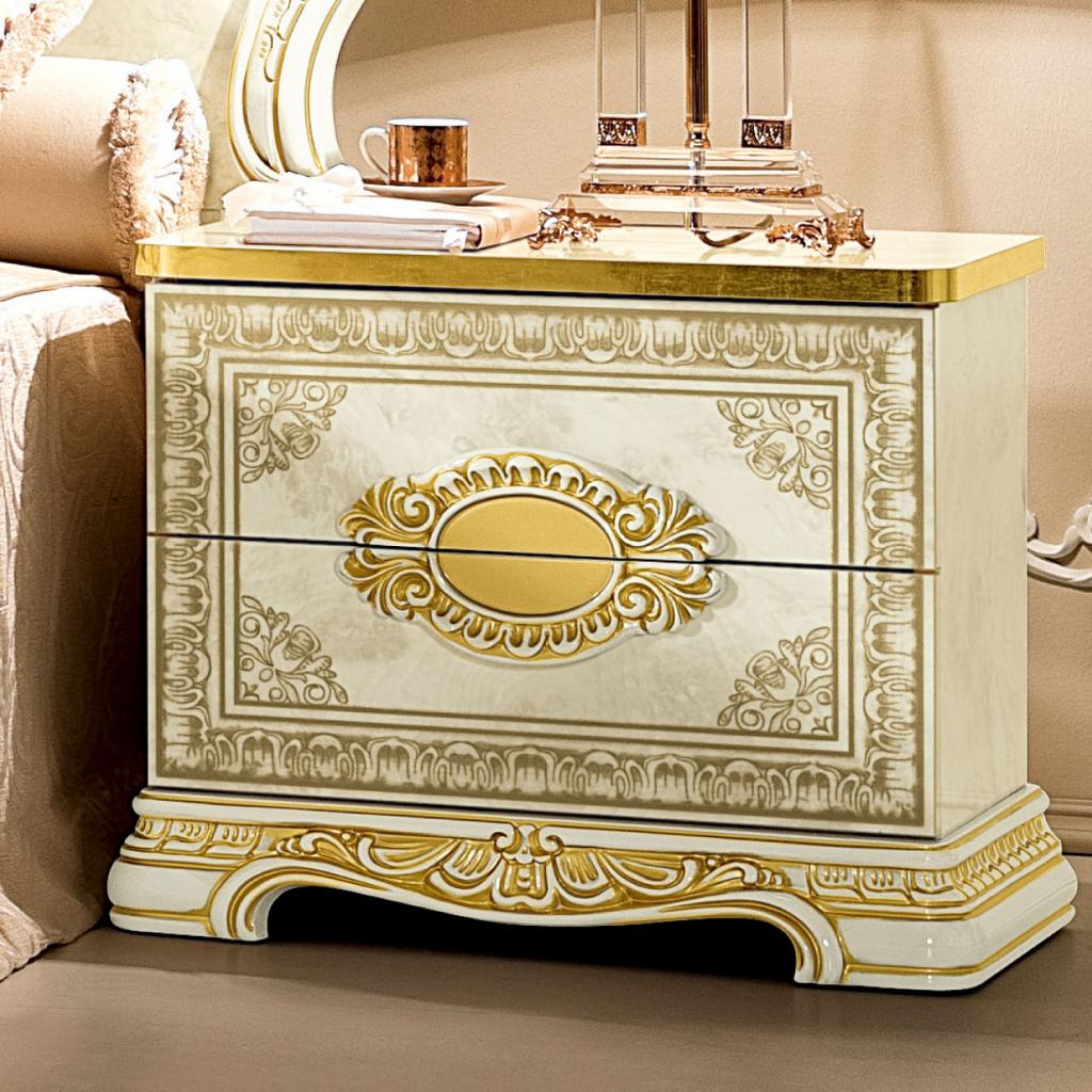 Varazze Ivory High Gloss & Gold Leaf 2 Drawer Bedside Cabinet
