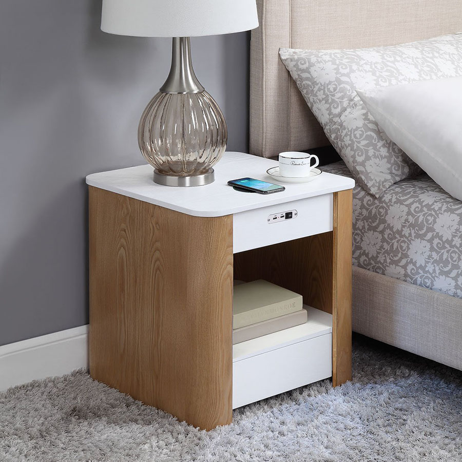 San Francisco Ash Wood & White Gloss Smart Bedside Table With Wireless Charger