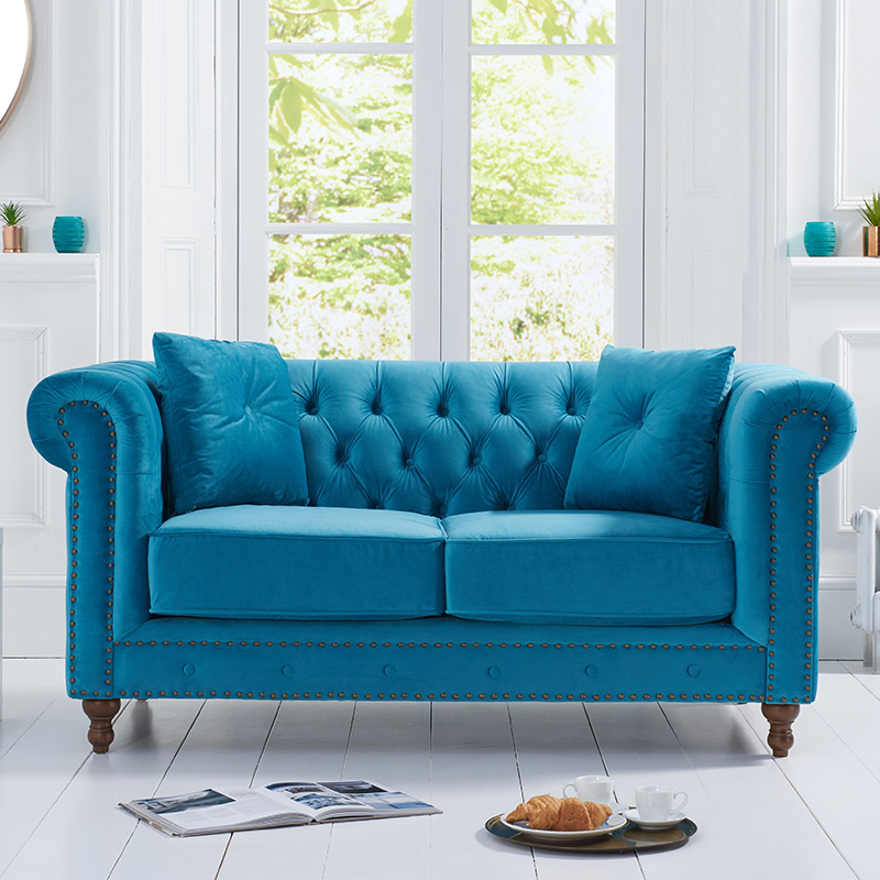 Montrose Teal Plush Studded Buttoned 2 Seater Chesterfield Sofa