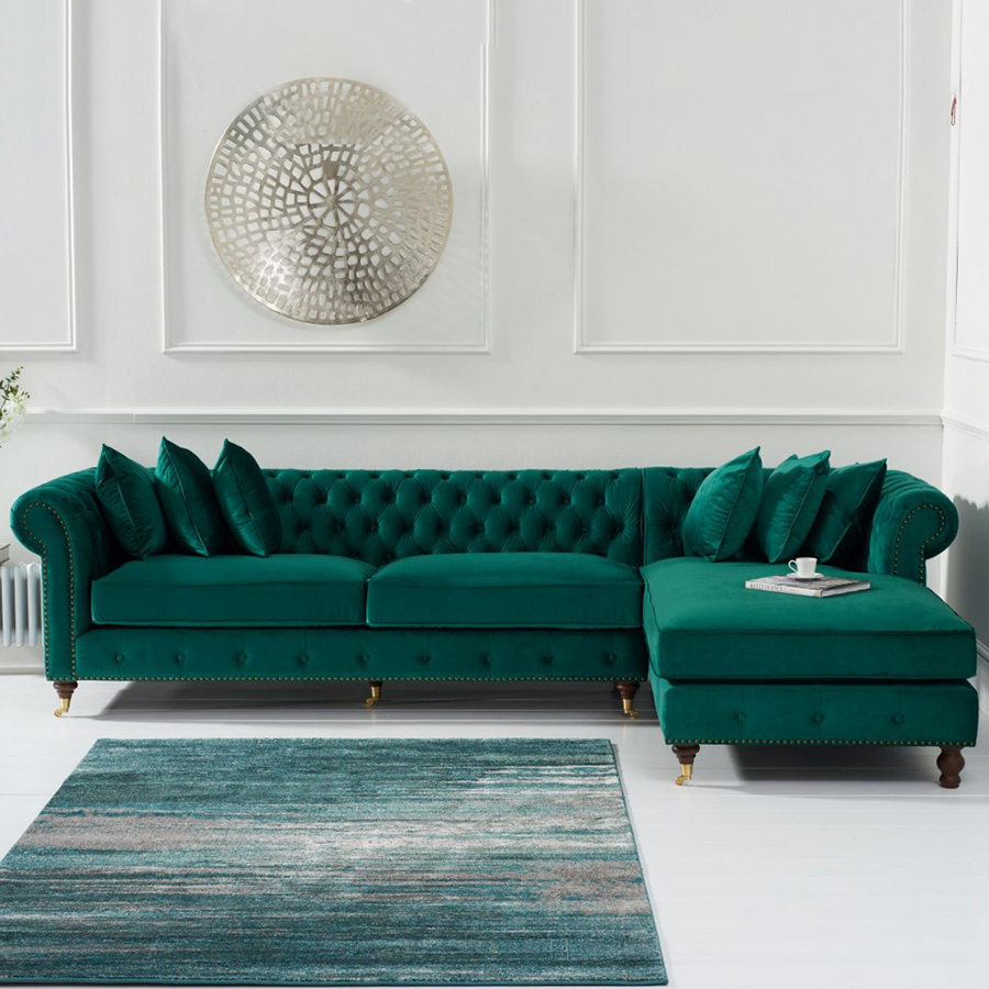 Fiona Green Velvet Studded Buttoned Chesterfield Corner Sofa Right-side Facing