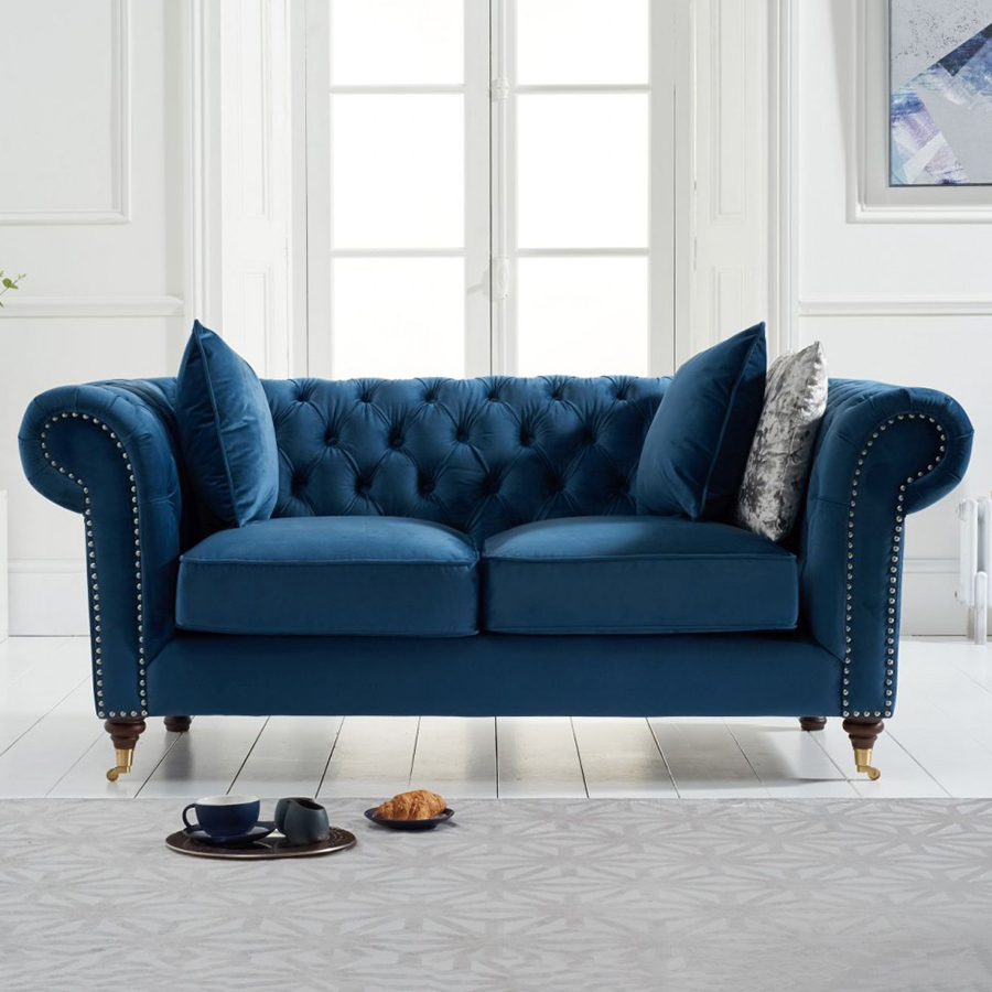Camara Blue Velvet Buttoned Studded 2 Seater Chesterfield Sofa