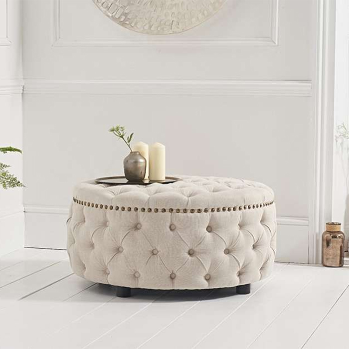 Fiona Ivory Linen Studded Buttoned Round Footstool