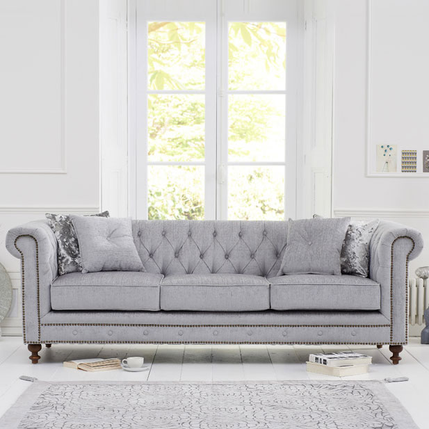 Montrose Grey Plush Studded Buttoned 3 Seater Chesterfield Sofa