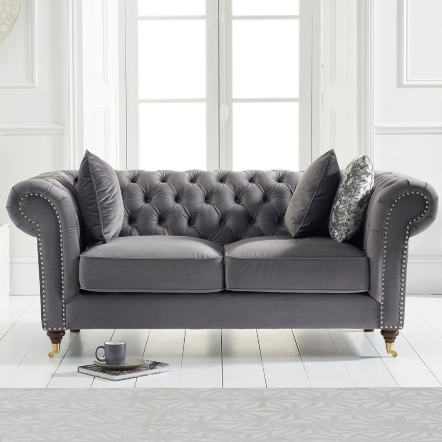 Camara Grey Velvet Buttoned Studded 2 Seater Chesterfield Sofa