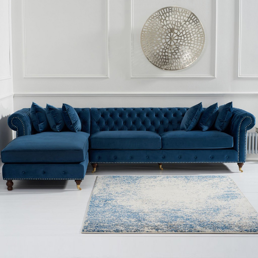 Fiona Blue Velvet Studded Buttoned Chesterfield Corner Sofa Left-side Facing