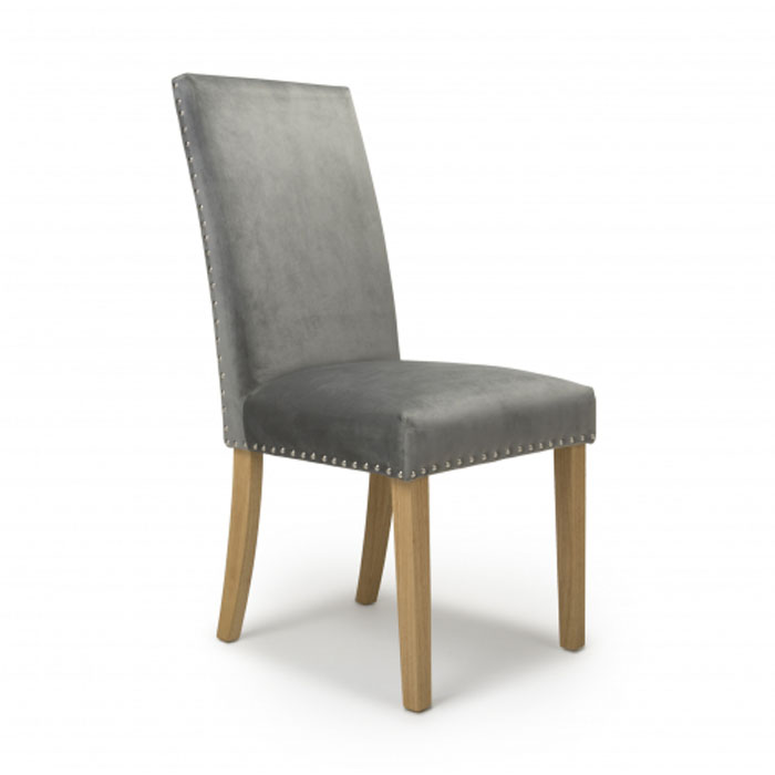 Reed Grey Brushed Velvet Studded Dining Chair (Natural Legs)