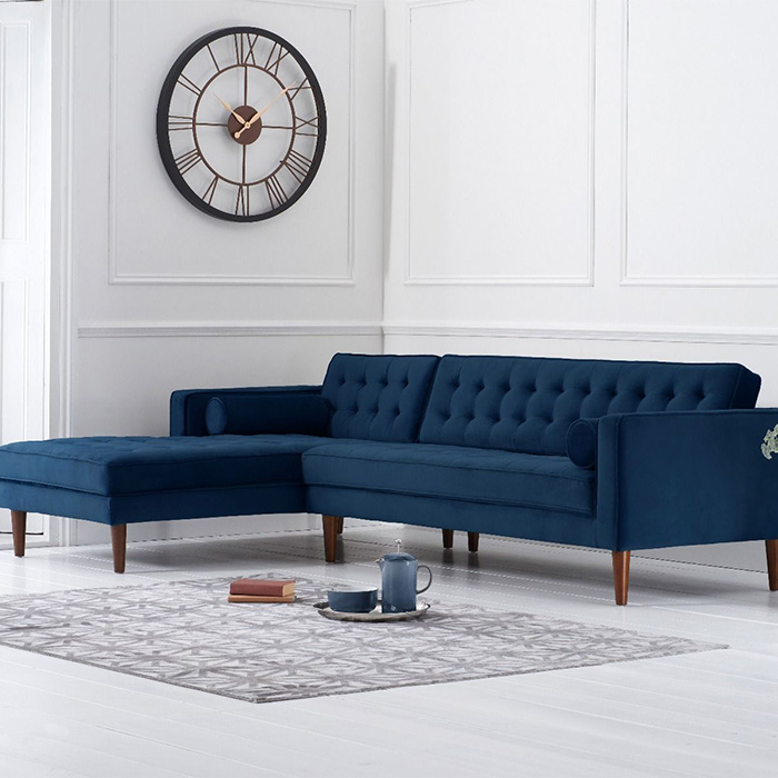 Idriana Blue Velvet Buttoned Corner Sofa Chaise Left-side Facing