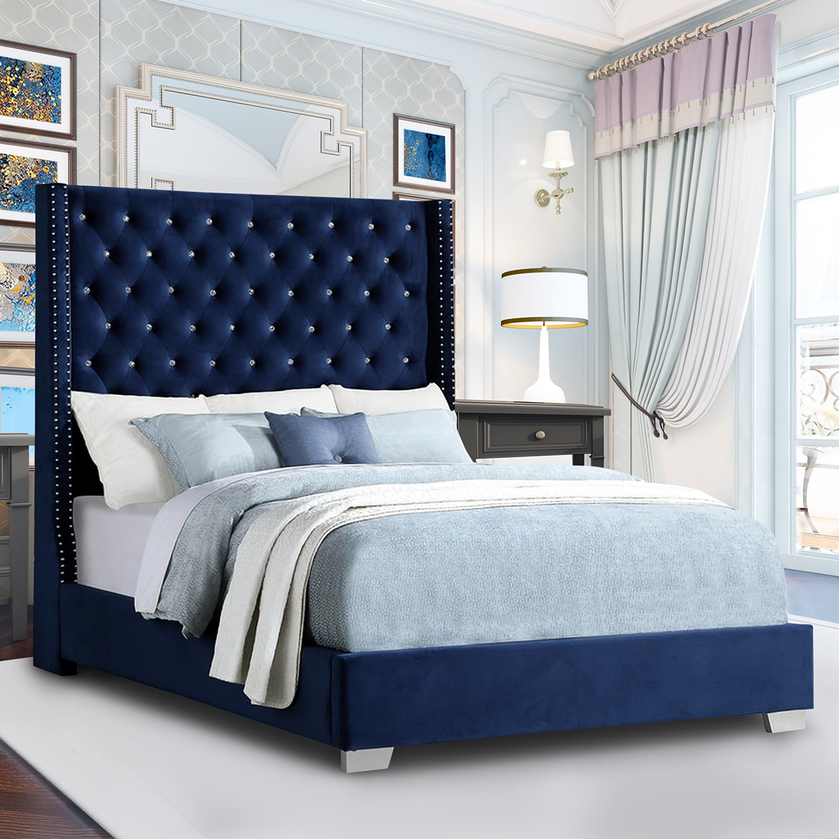 Neven 6ft Plush Blue Velvet Buttoned Bed